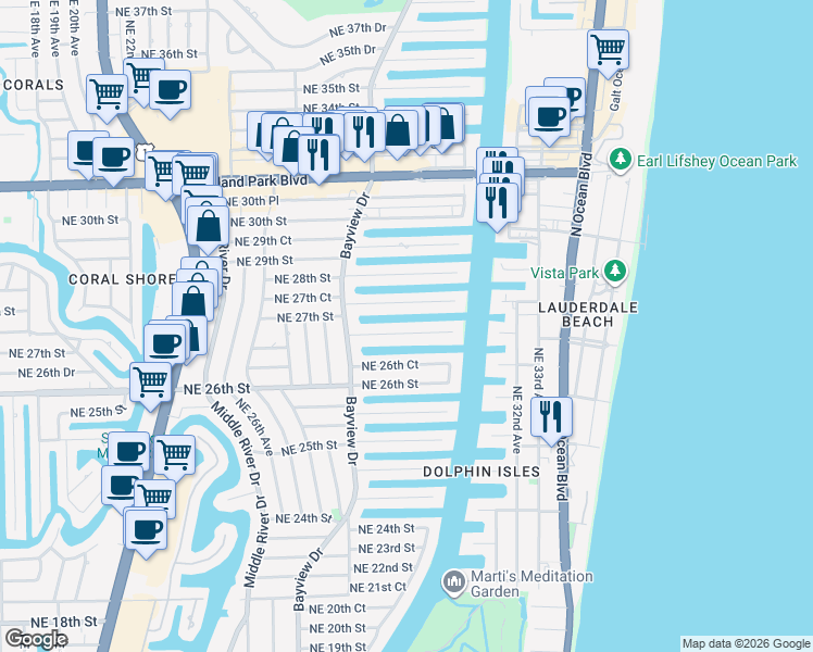 map of restaurants, bars, coffee shops, grocery stores, and more near 2848 Northeast 26th Place in Fort Lauderdale