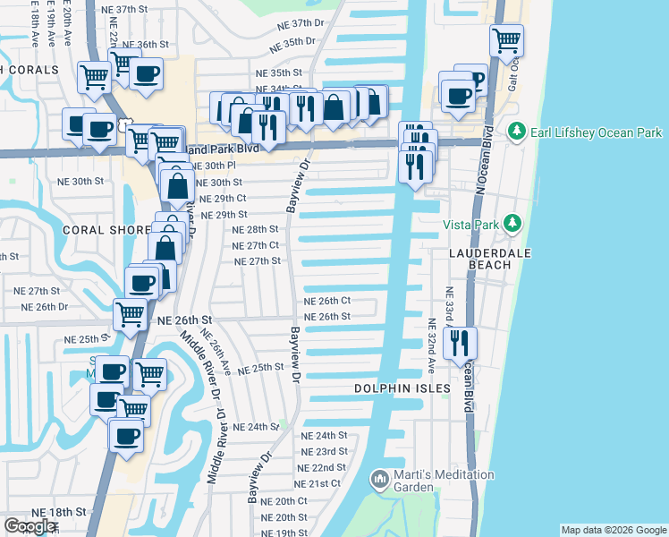 map of restaurants, bars, coffee shops, grocery stores, and more near 2848 Northeast 26th Place in Fort Lauderdale