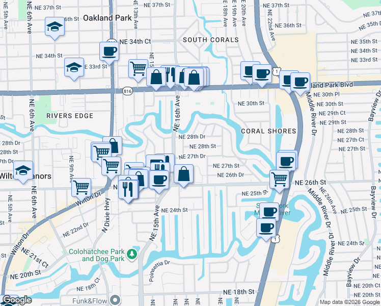 map of restaurants, bars, coffee shops, grocery stores, and more near 1620 Northeast 27th Drive in Wilton Manors