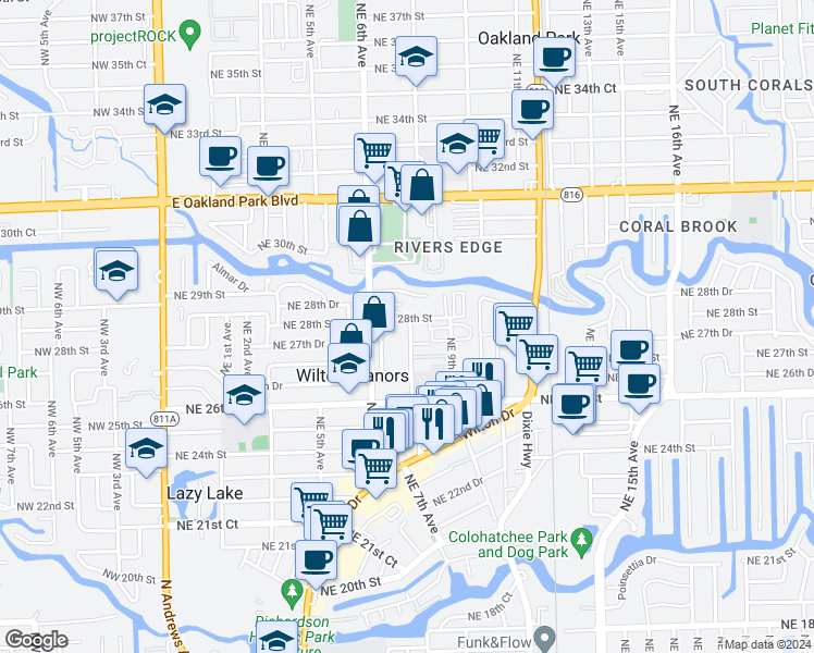 map of restaurants, bars, coffee shops, grocery stores, and more near 2716 Northeast 6th Lane in Wilton Manors