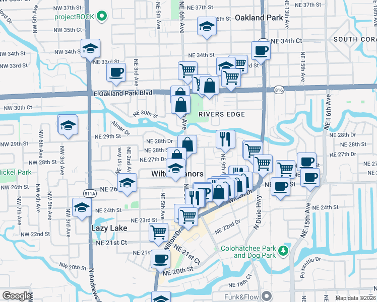 map of restaurants, bars, coffee shops, grocery stores, and more near 2716 Northeast 6th Lane in Wilton Manors