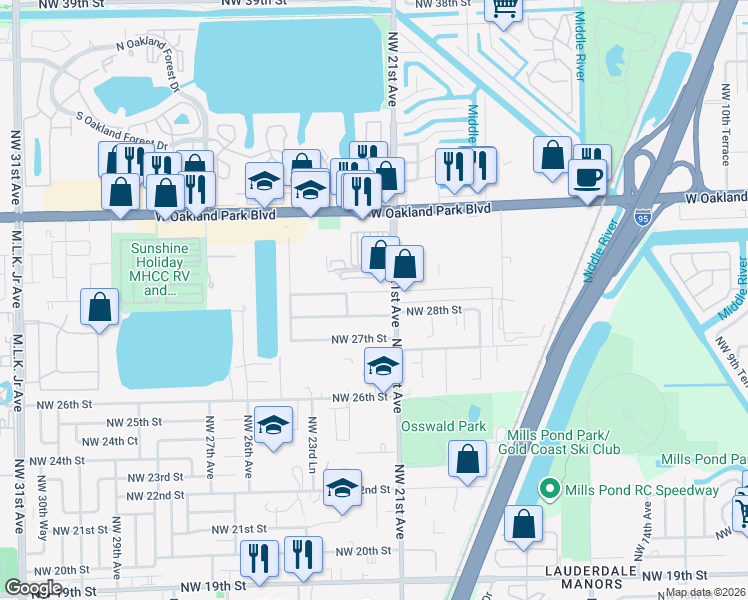 map of restaurants, bars, coffee shops, grocery stores, and more near 2141 Northwest 28th Street in Oakland Park