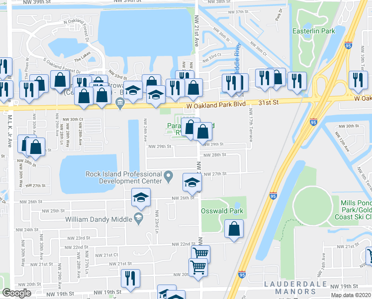 map of restaurants, bars, coffee shops, grocery stores, and more near 2141 Northwest 28th Street in Oakland Park