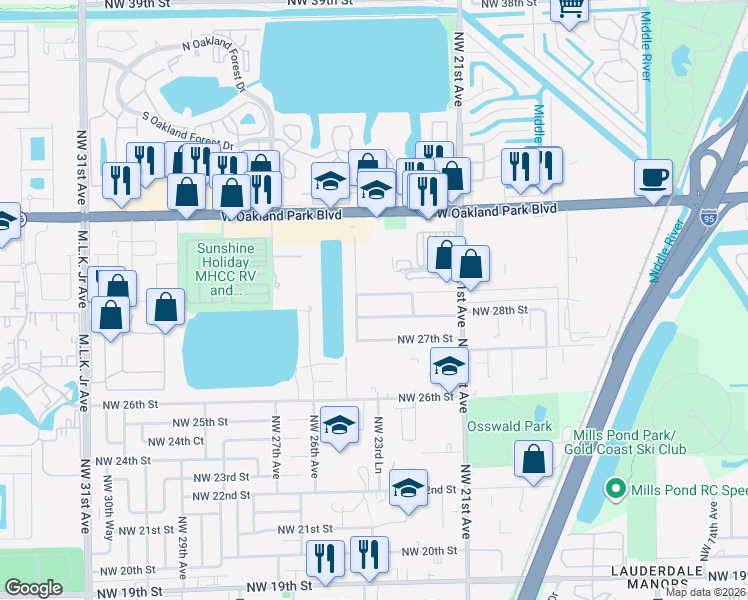 map of restaurants, bars, coffee shops, grocery stores, and more near 2351 Northwest 28th Street in Oakland Park