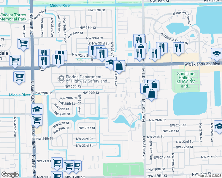 map of restaurants, bars, coffee shops, grocery stores, and more near 2841 Somerset Drive in Lauderdale Lakes