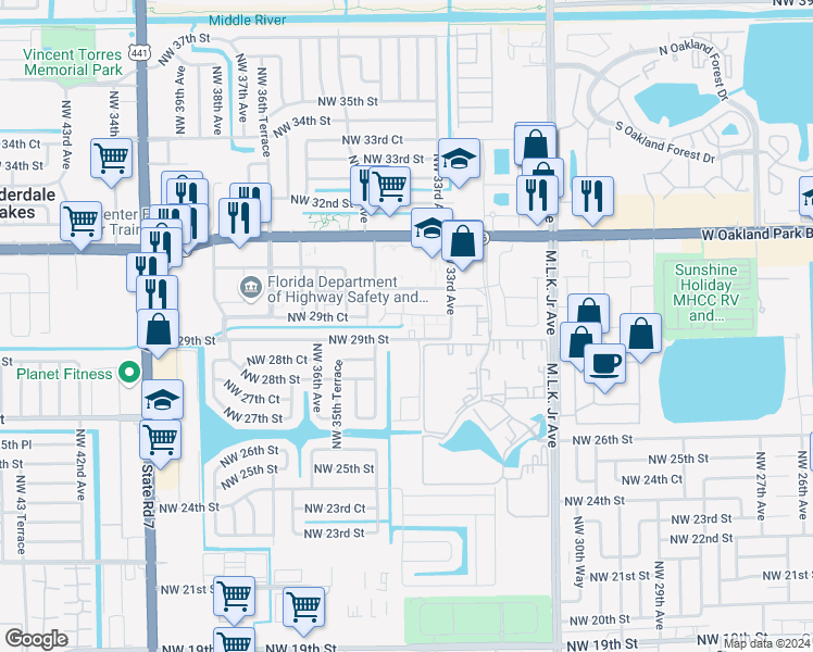 map of restaurants, bars, coffee shops, grocery stores, and more near 3404 Northwest 29th Street in Lauderdale Lakes