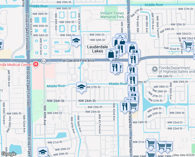map of restaurants, bars, coffee shops, grocery stores, and more near 4420 Northwest 29th Street in Lauderdale Lakes