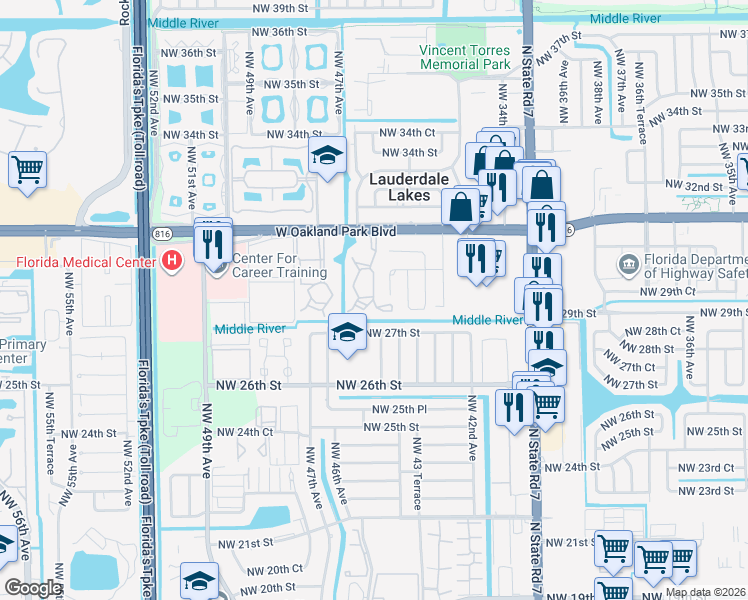 map of restaurants, bars, coffee shops, grocery stores, and more near 2900 Northwest 46th Avenue in Lauderdale Lakes