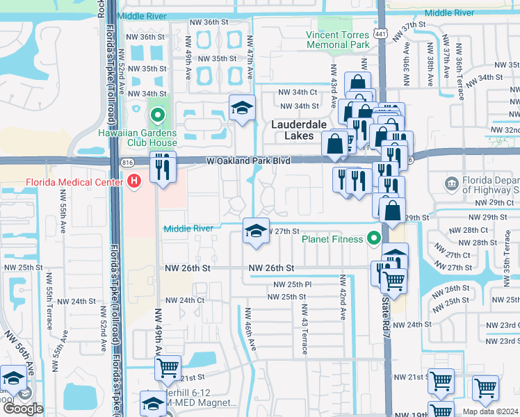 map of restaurants, bars, coffee shops, grocery stores, and more near 4521 Northwest 27th Street in Lauderhill