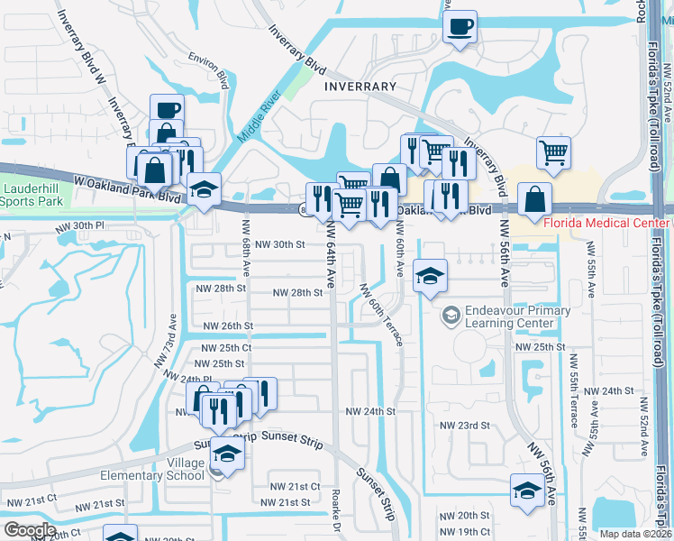map of restaurants, bars, coffee shops, grocery stores, and more near 2809 Northwest 63rd Tr in Sunrise