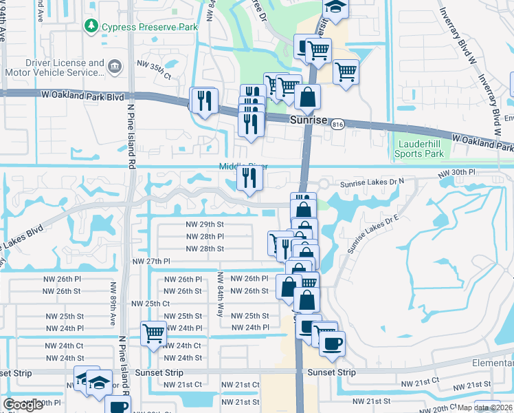 map of restaurants, bars, coffee shops, grocery stores, and more near 8381 Northwest 29th Street in Sunrise