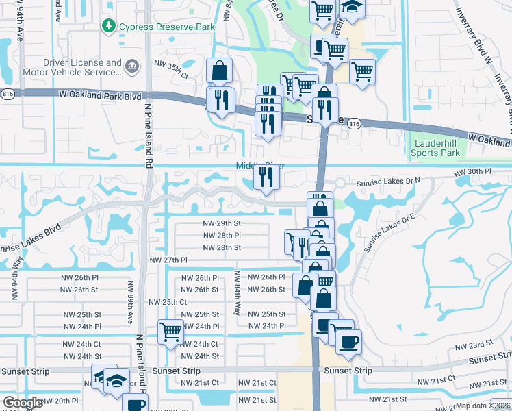 map of restaurants, bars, coffee shops, grocery stores, and more near 8381 Northwest 29th Street in Sunrise
