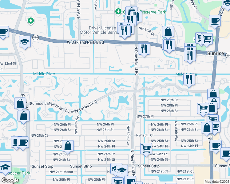 map of restaurants, bars, coffee shops, grocery stores, and more near 9020 Sunrise Lakes Boulevard in Sunrise