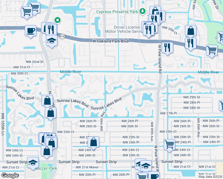 map of restaurants, bars, coffee shops, grocery stores, and more near 9321 Sunrise Lakes Boulevard in Sunrise