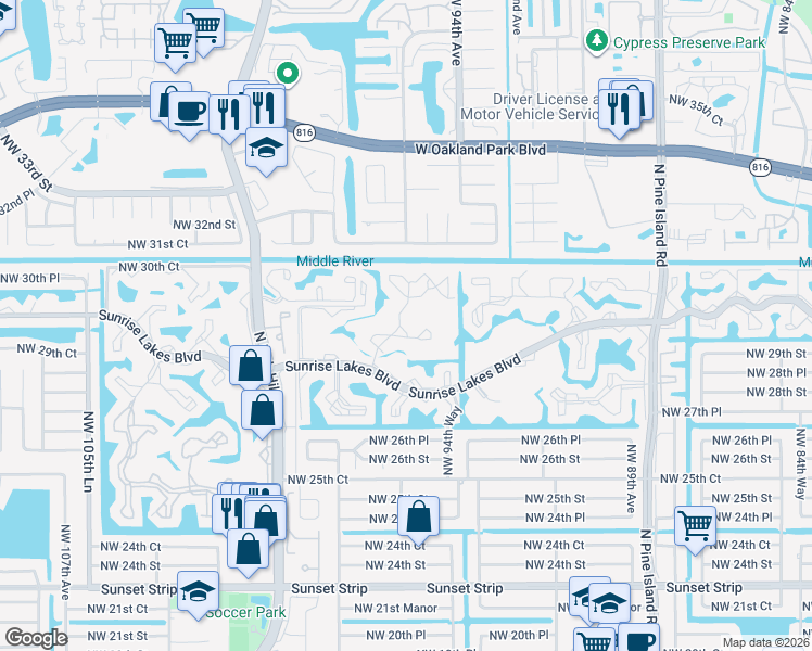 map of restaurants, bars, coffee shops, grocery stores, and more near 9501 Sunrise Lakes Boulevard in Sunrise