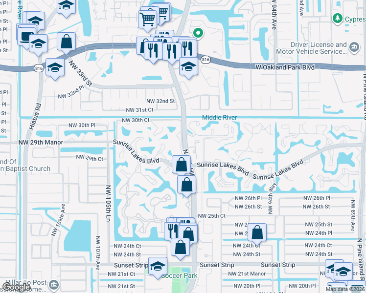 map of restaurants, bars, coffee shops, grocery stores, and more near 2857 Northwest 99th Terrace in Sunrise