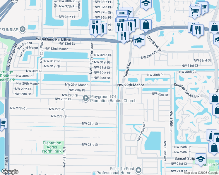 map of restaurants, bars, coffee shops, grocery stores, and more near 11320 Northwest 29th Place in Sunrise