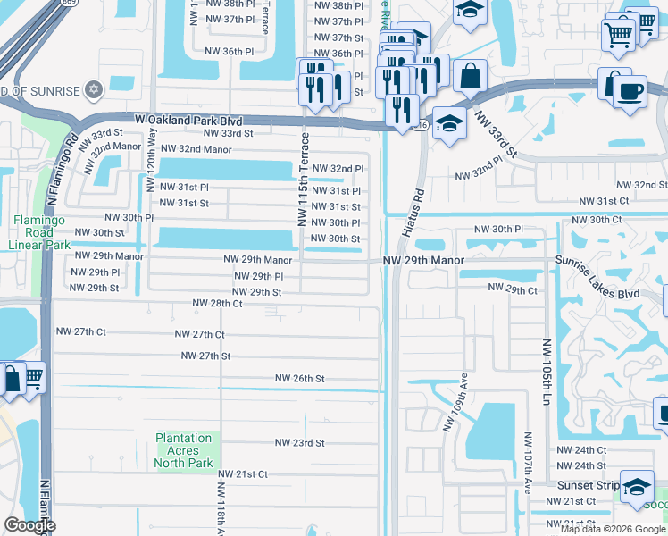 map of restaurants, bars, coffee shops, grocery stores, and more near 11430 Northwest 29th Place in Sunrise