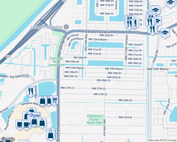 map of restaurants, bars, coffee shops, grocery stores, and more near 12011 Northwest 29th Street in Sunrise
