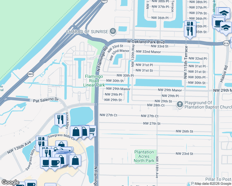 map of restaurants, bars, coffee shops, grocery stores, and more near 12271 Northwest 29th Place in Sunrise