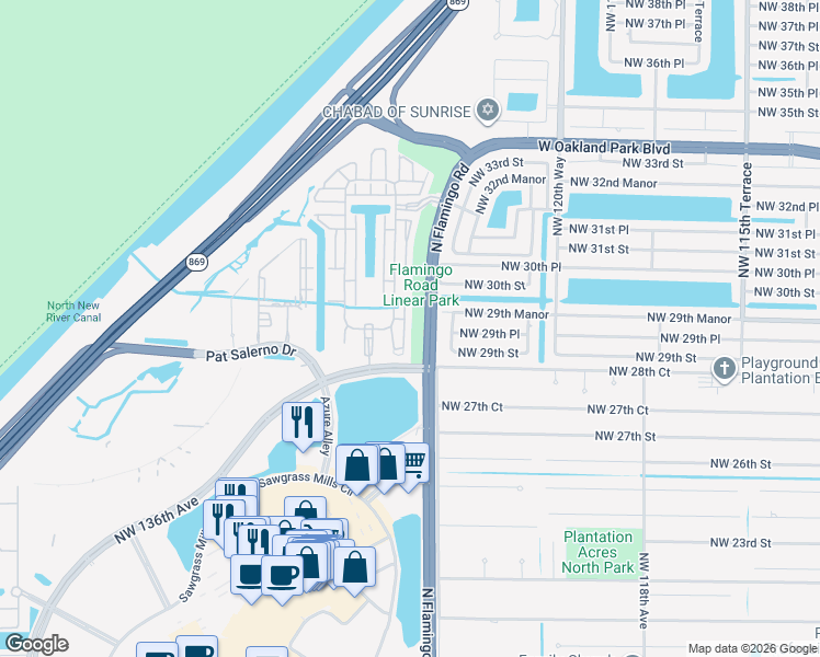 map of restaurants, bars, coffee shops, grocery stores, and more near in Sunrise