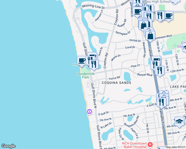 map of restaurants, bars, coffee shops, grocery stores, and more near 1300 Gulf Shore Boulevard North in Naples