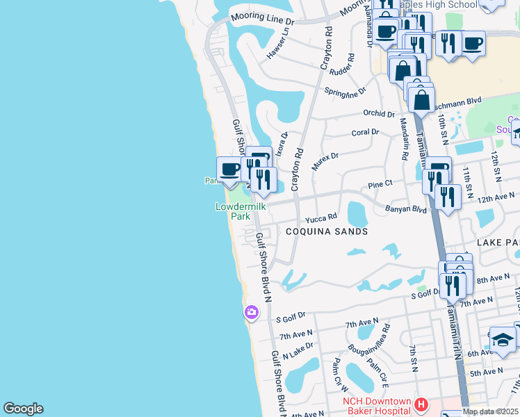 map of restaurants, bars, coffee shops, grocery stores, and more near 1300 Gulf Shore Boulevard North in Naples