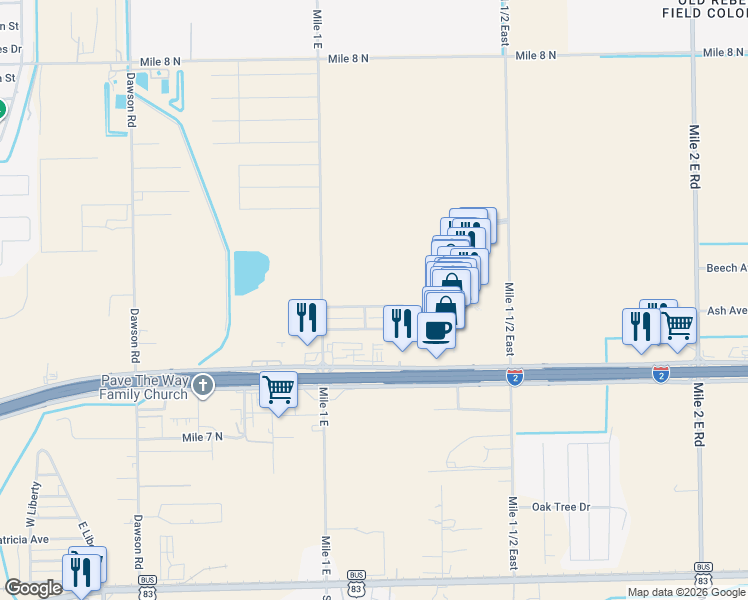 map of restaurants, bars, coffee shops, grocery stores, and more near 1950 Royal Palm Drive in Mercedes