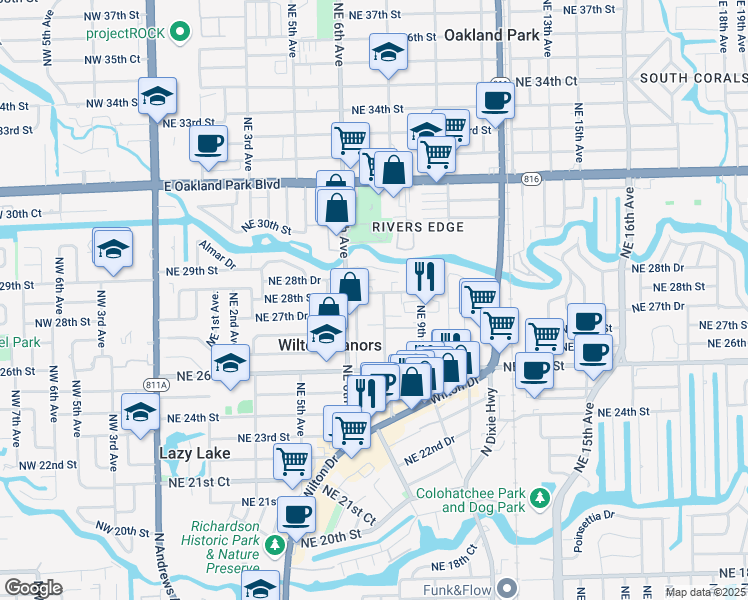 map of restaurants, bars, coffee shops, grocery stores, and more near 2716 Northeast 6th Lane in Wilton Manors
