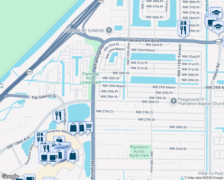 map of restaurants, bars, coffee shops, grocery stores, and more near 12271 Northwest 29th Place in Sunrise