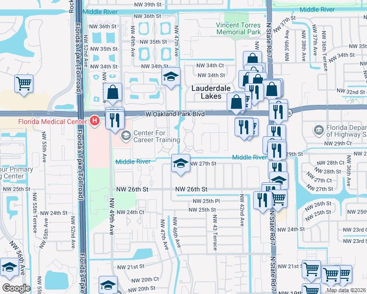 map of restaurants, bars, coffee shops, grocery stores, and more near 4521 Northwest 27th Street in Lauderhill