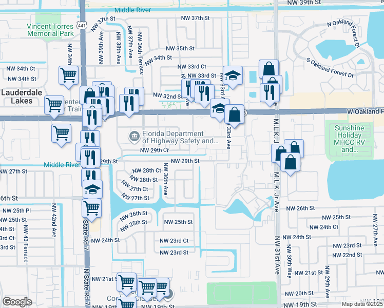map of restaurants, bars, coffee shops, grocery stores, and more near 3480 Northwest 29th Street in Lauderdale Lakes