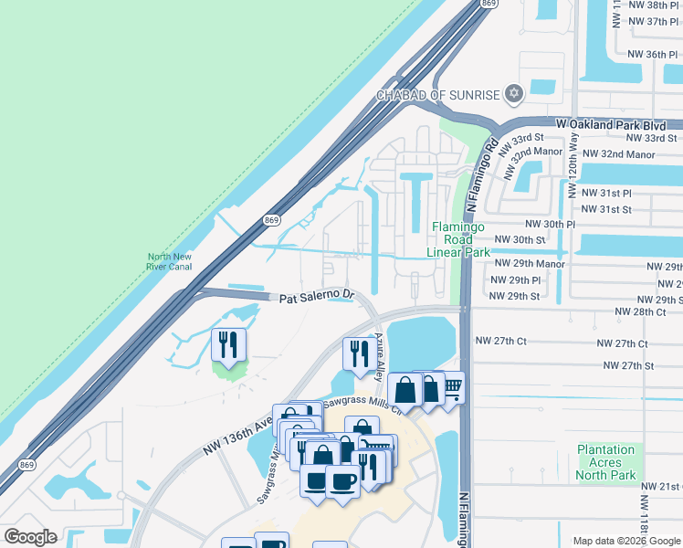 map of restaurants, bars, coffee shops, grocery stores, and more near in Sunrise