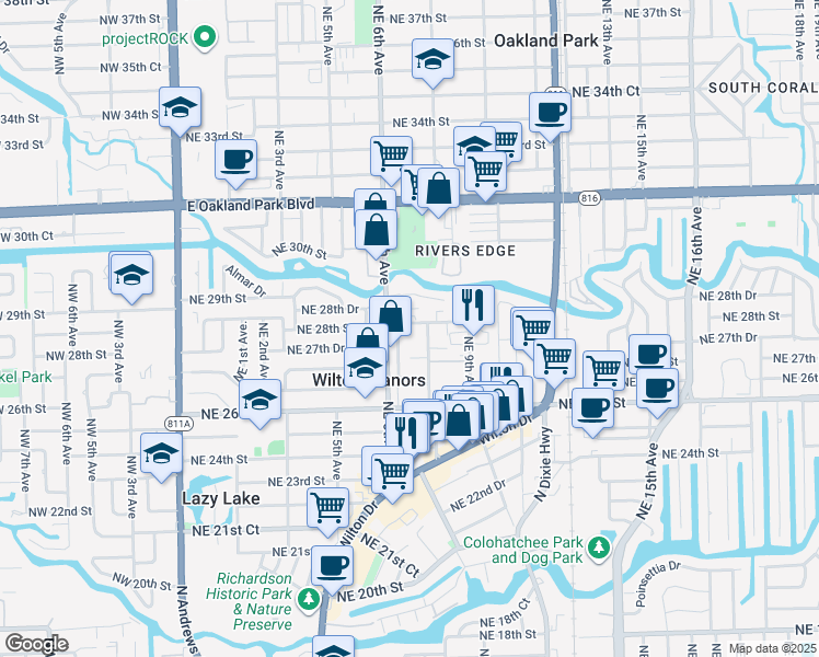 map of restaurants, bars, coffee shops, grocery stores, and more near 2716 Northeast 6th Lane in Wilton Manors