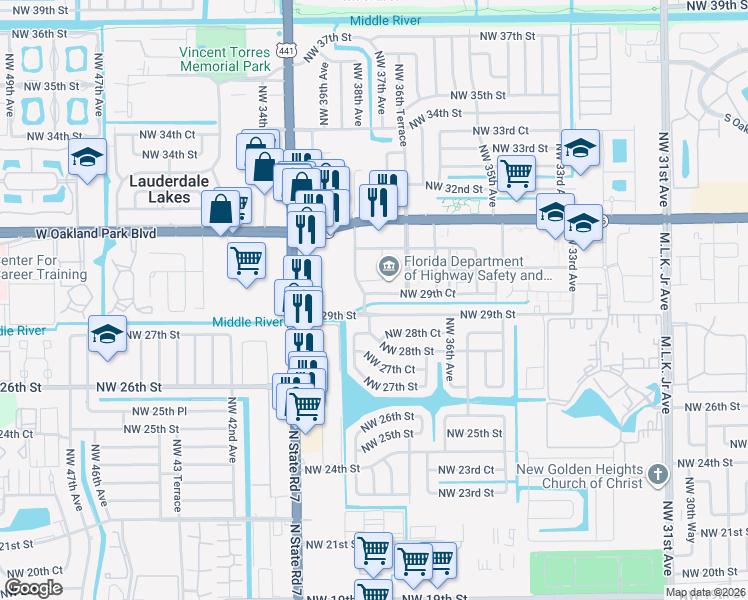 map of restaurants, bars, coffee shops, grocery stores, and more near 3700 Northwest 29th Street in Lauderdale Lakes