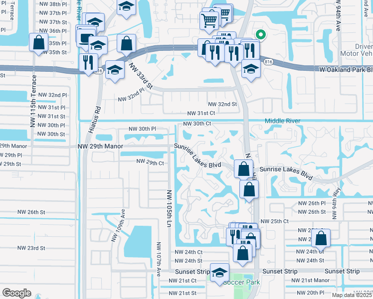 map of restaurants, bars, coffee shops, grocery stores, and more near 10434 Sunrise Lakes Boulevard in Sunrise