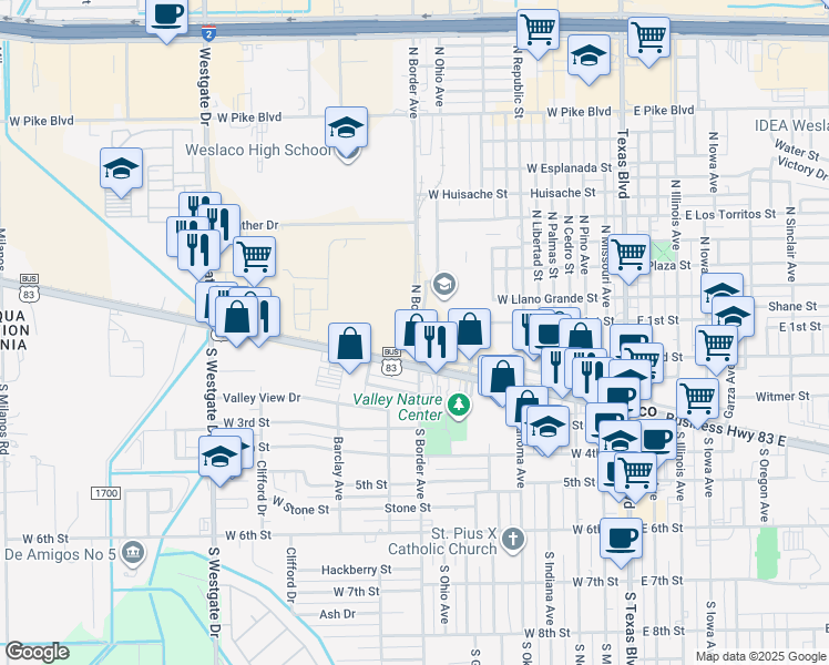 map of restaurants, bars, coffee shops, grocery stores, and more near Mile 4 1/2 West Road in Weslaco