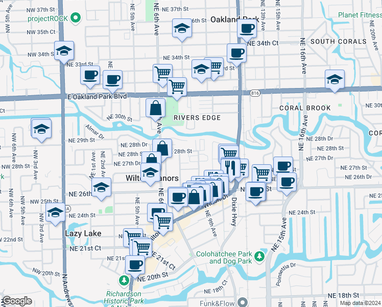 map of restaurants, bars, coffee shops, grocery stores, and more near 2712 Northeast 8th Avenue in Wilton Manors