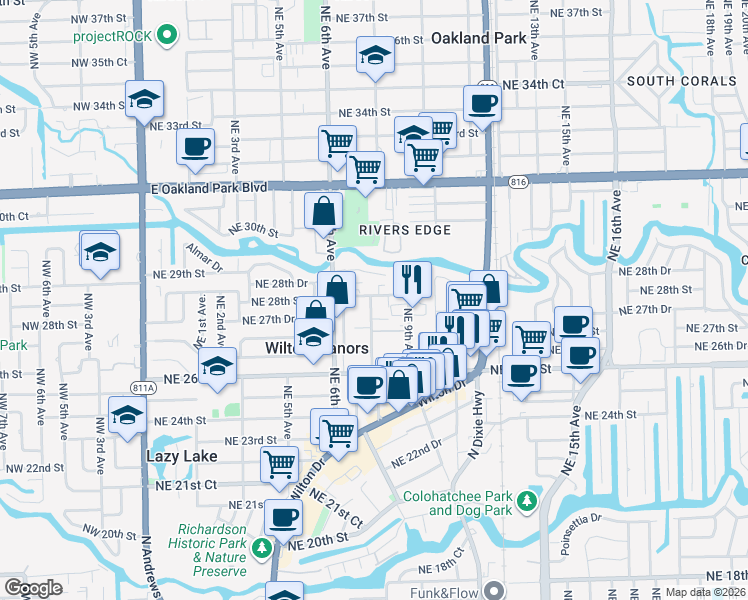map of restaurants, bars, coffee shops, grocery stores, and more near 2712 Northeast 8th Avenue in Wilton Manors