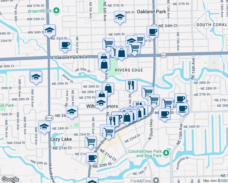 map of restaurants, bars, coffee shops, grocery stores, and more near 2716 Northeast 6th Lane in Wilton Manors
