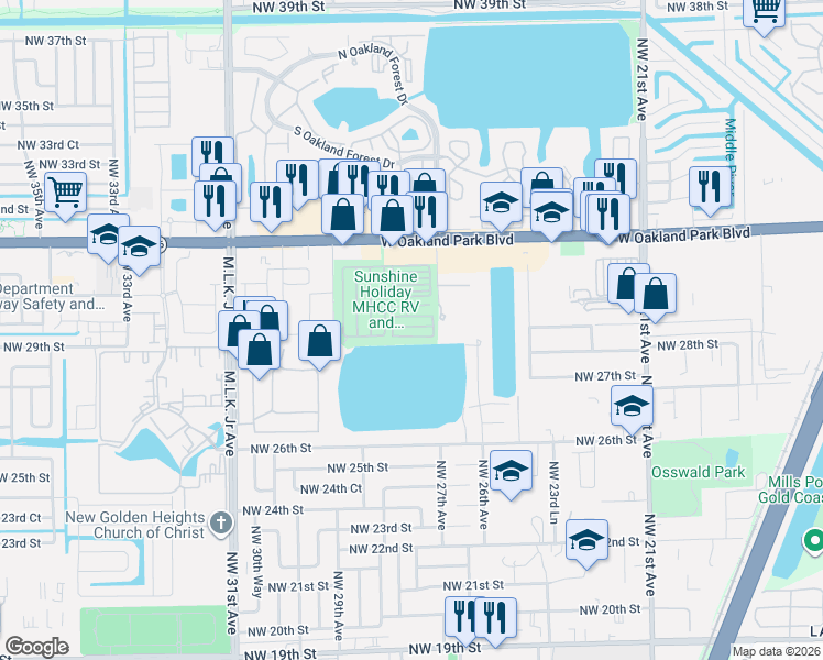 map of restaurants, bars, coffee shops, grocery stores, and more near 2700-2798 Northwest 29th Street in Oakland Park