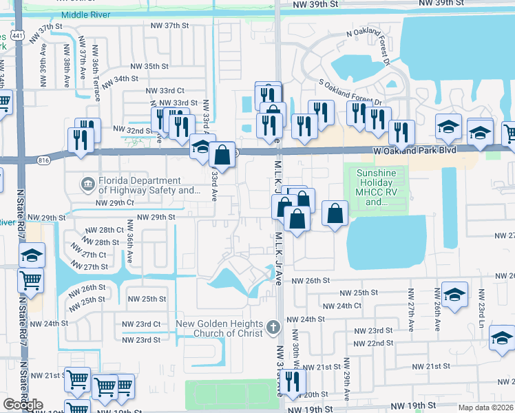 map of restaurants, bars, coffee shops, grocery stores, and more near 3200 Northwest 31st Terrace in Lauderdale Lakes