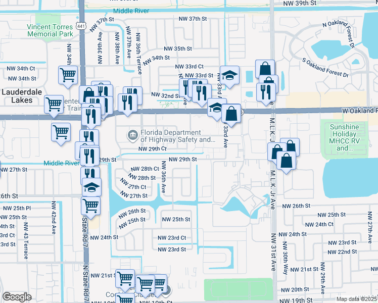 map of restaurants, bars, coffee shops, grocery stores, and more near 3480 Northwest 29th Street in Lauderdale Lakes