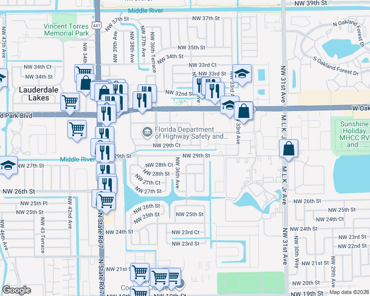 map of restaurants, bars, coffee shops, grocery stores, and more near 3590 Northwest 29th Street in Lauderdale Lakes