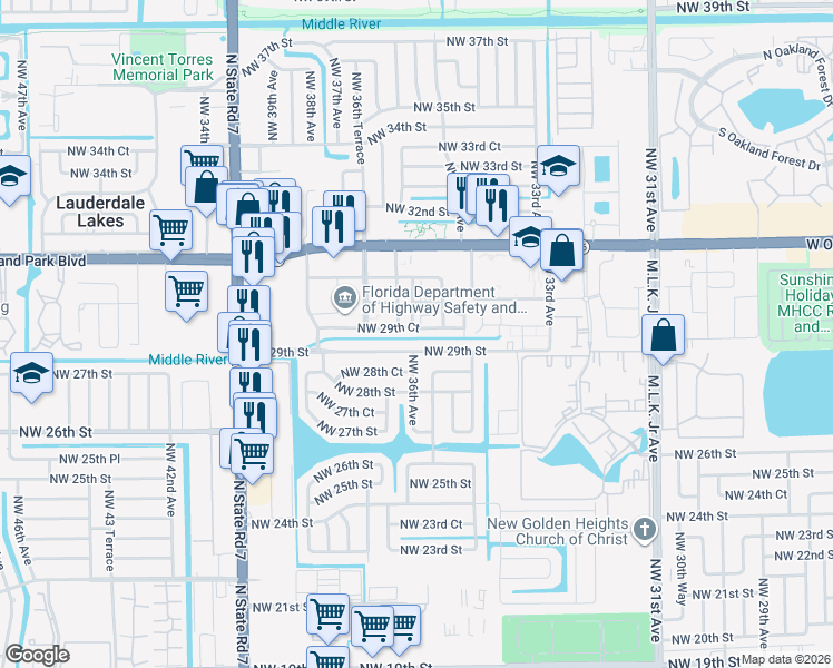map of restaurants, bars, coffee shops, grocery stores, and more near 3590 Northwest 29th Street in Lauderdale Lakes