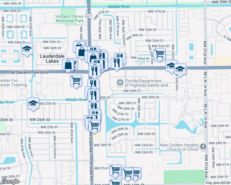 map of restaurants, bars, coffee shops, grocery stores, and more near 3700 Northwest 29th Street in Lauderdale Lakes