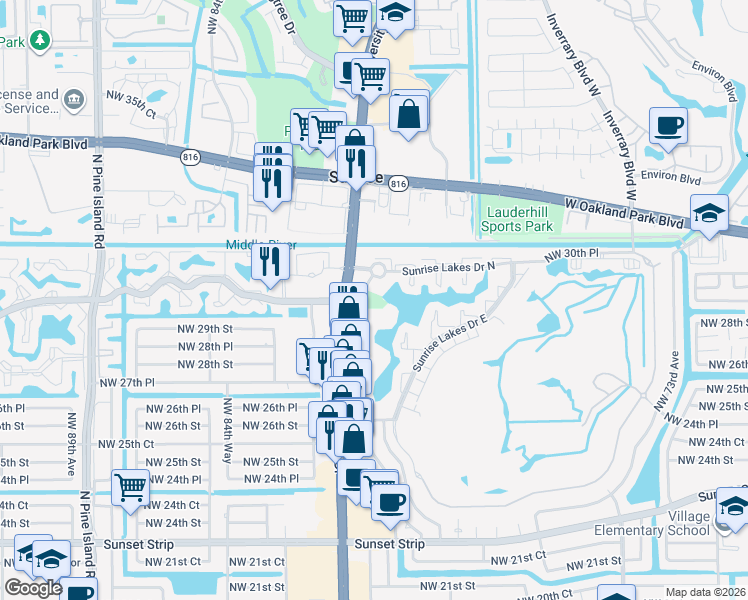 map of restaurants, bars, coffee shops, grocery stores, and more near 2900 Sunrise Lakes Drive East in Sunrise