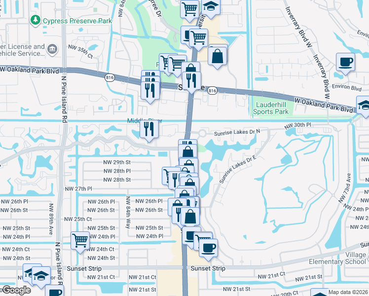 map of restaurants, bars, coffee shops, grocery stores, and more near 2999 North University Drive in Sunrise