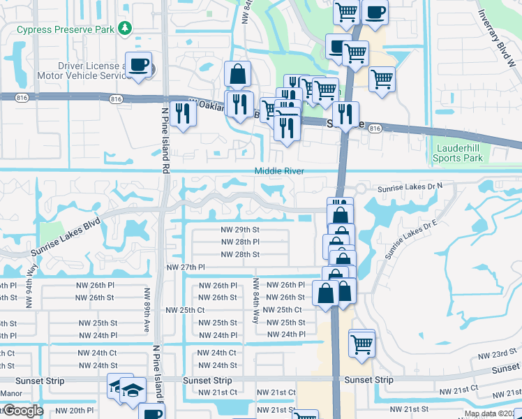 map of restaurants, bars, coffee shops, grocery stores, and more near 8451 Northwest 29th Street in Sunrise