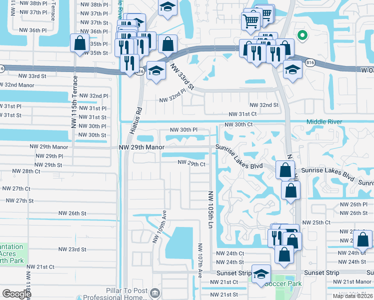 map of restaurants, bars, coffee shops, grocery stores, and more near 10741 Northwest 29th Court in Sunrise